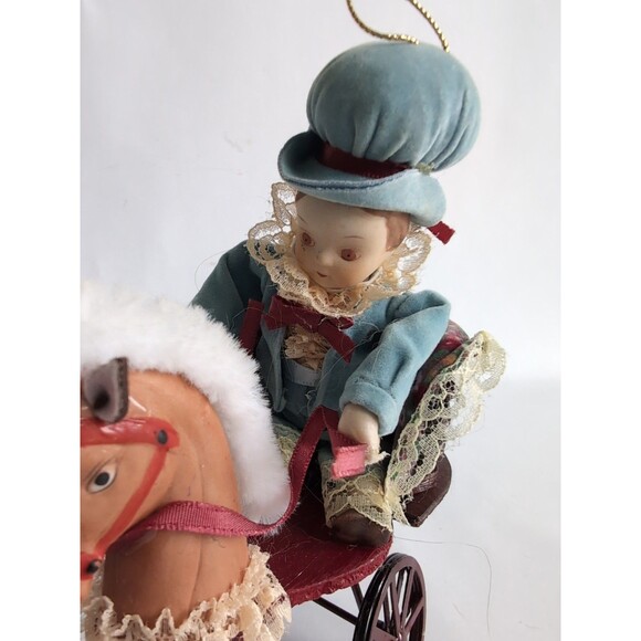 Vtg KURT ADLER Victorian Boy Wicker Horse Cart Porcelain Doll Christmas Ornament - Picture 2 of 5